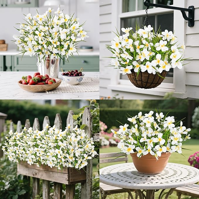 Ouddy Decor 12 Bundles Artificial Flowers for Outdoors Decoration, Fake Freesia Silk Flowers UV Resistant Artificial Plants for Summer Indoor Outside Garden Wedding Farmhouse Porch Home Decor, White