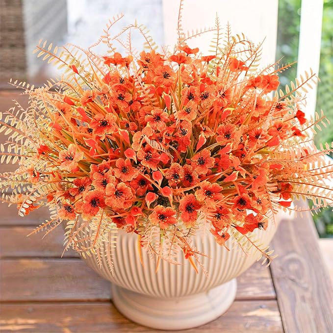 Uieke 72PCS Artificial Mums for Outdoors Fake Fall Outdoor Violet Flowers Orange Calla Lilly and Autumn Ferns No Fade for Outside Window Box Porch Planters Garden Decor