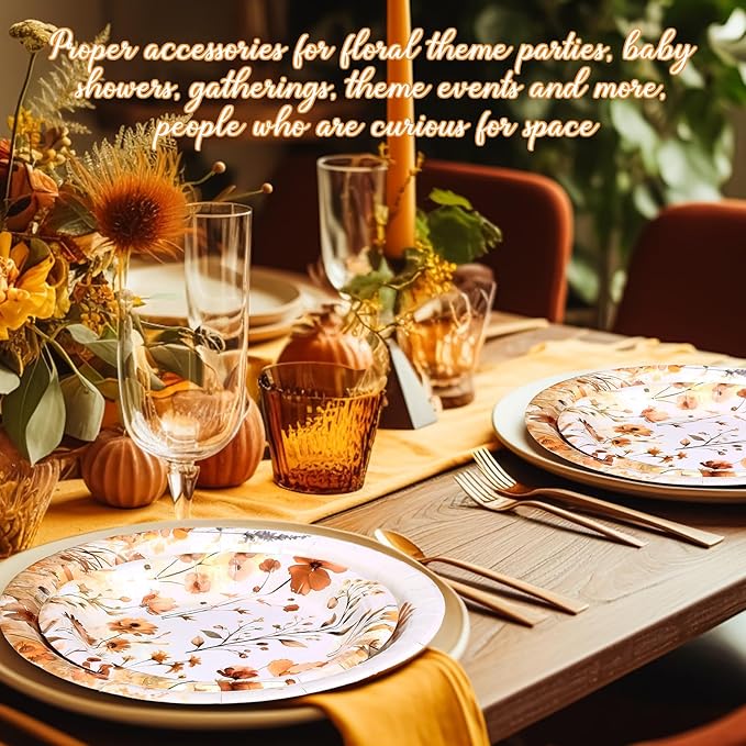 Mumufy 100 Pack Fall Wild Floral Paper Plates 9" & 7" Disposable Autumn Wildflower Cake Dessert Plates Watercolor for Dinner Wedding Baby Shower Birthday Fall Tea Party Decoration Supplies