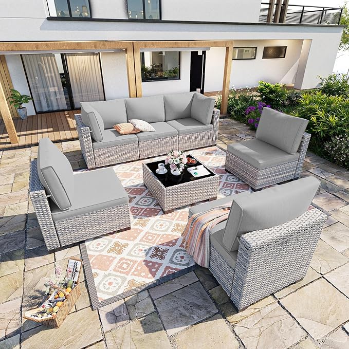 7-Piece Patio Furniture Set, Outdoor Sectional with Thick Cushions, Modular Patio Sofa, Dual-Strand Wicker Rattan, Rust-Resistant Frame, Backyard Furniture for Garden, Deck, Grey