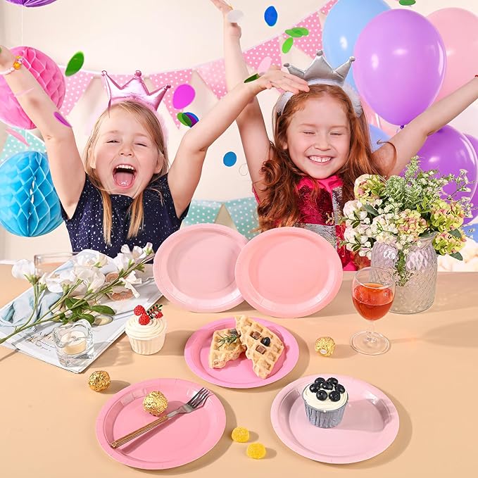 Pink Paper Plates Gradient Pink Party Plates 7”Disposable Round Dessert Plates for Birthday Wedding Bridal Engagement Baby Shower Party Supplies 4 Colors (24)