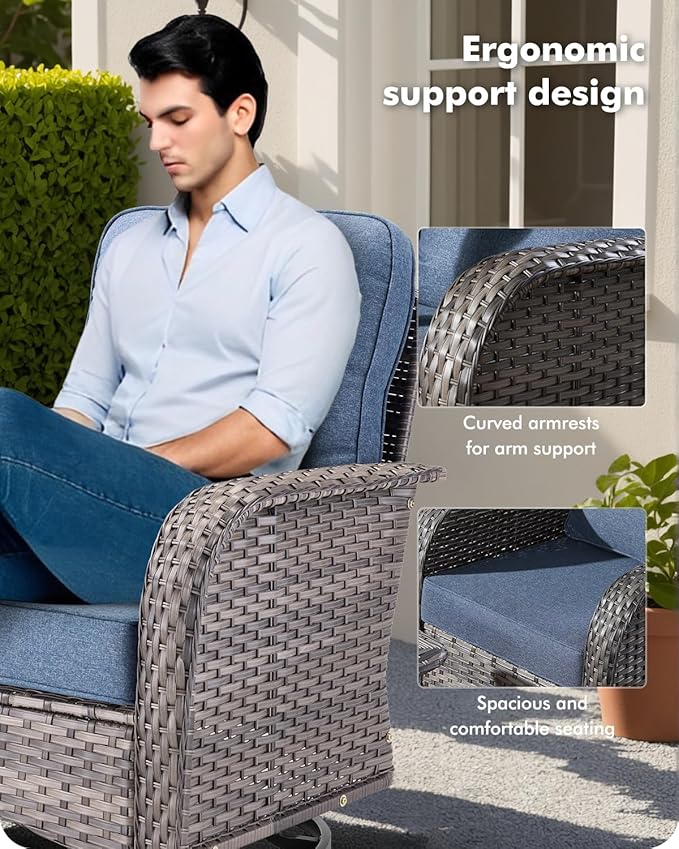 7-Piece Wicker Patio Furniture Set, All-Weather Rattan Conversation Bistro Loveseat Chair and Patio Rockers Set for Backyard, Balcony and Deck with Soft Cushions and Metal Table(Blue)