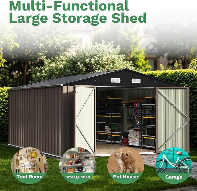 Patiowell 10x14 FT Outdoor Storage Shed, Large Metal Garden Shed with Lockable Door and Sloping Roof, Outside Steel Utility Tool Sheds for Backyard Lawn Garden Patio, Brown