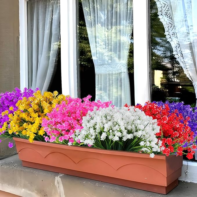 Artificial Flowers Outdoor UV Resistant Fake Plants Indoor Outside Hanging Planter Home Garden Decor, 16 Bundles (Red-Daffodil)