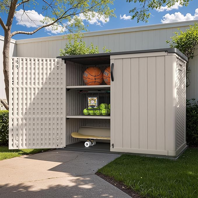 Patiowell 26 cu.ft Plastic Outdoor Storage Shed, Lockable Waterproof Resin Outdoor Storage Cabinet Tool Shed for Garden Tools, Garbage Cans, Pool Supplies, Beige(Not Include Shelves)
