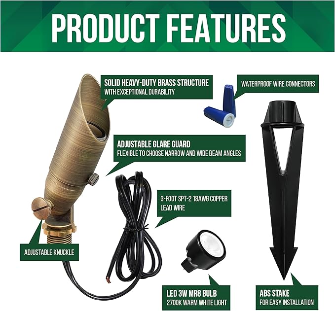 GKOLED Low Voltage Solid Brass LED Spotlight with MR8 Bulb, Outdoor Waterproof Landscape Lighting, Adjustable Uplights with Stake for House Garden Trees Lawn Patio Yard Fence, 3W 12V 180LM 2700K