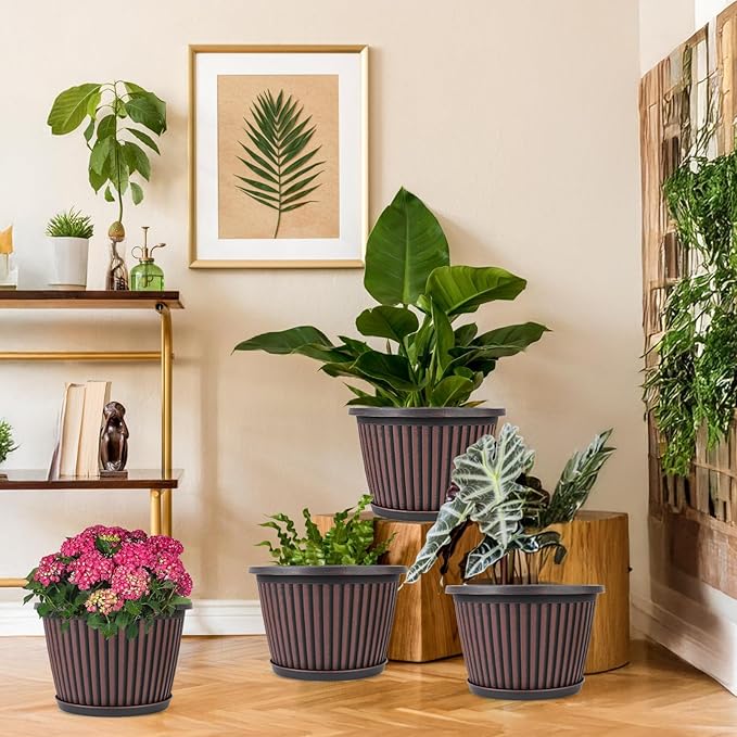 Planter-Pots-for-Plants-Indoor-Outdoor, 3 Pack 10 Inch Plastic Flower Pots with Saucer & Drainage Holes, Modern Garden Planters for Planting Medium Large Plants，Decorative Resin Garden Pots