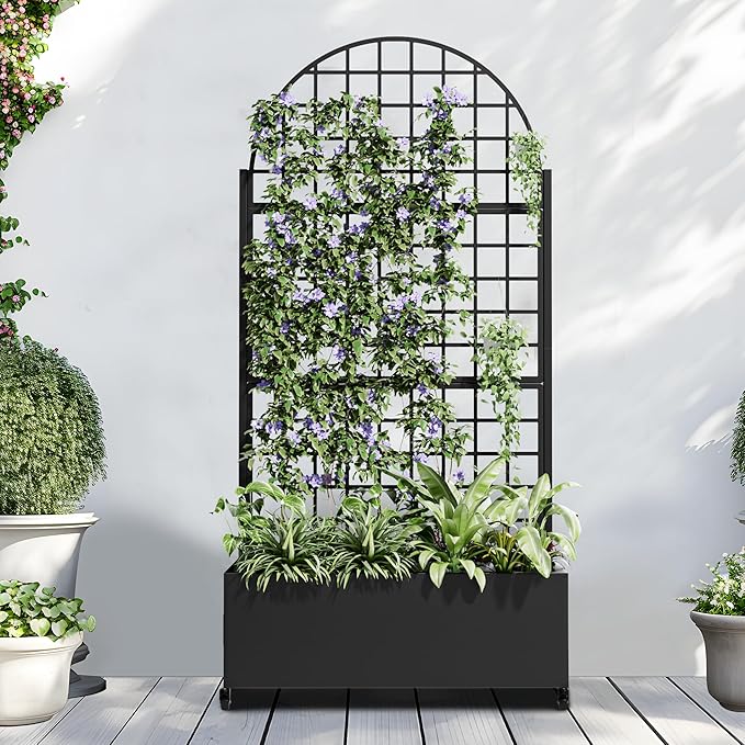 Casaphoria Metal Raised Garden Bed with Trellis and Wheels, 72"x35"x16" Arched Planter Box for Climbing Plants, Vegetables & Vines, Features Drainage Holes and Privacy Screen (Black-Grid)