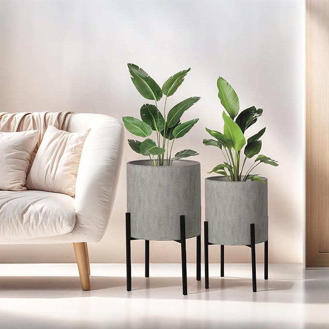 ARNIS Modern Plant Pots, Set of 2 Large Planters with Stand, Decorative Planters, Metal Pots with Drainage Holes for Living Room, Office, Garden or Balcony, 10.5 &12.55 Inch, Dark Cement Matte