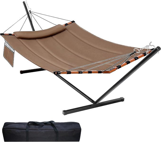 TegerDeger 12FT 2 Person Hammock with Stand Included 55 x 79IN Large Hammock 450LB Capacity with Hardwood Spreader Bar & Nylon Rope for Outside, Patio, Garden, Backyard, Beach, Poolside - Brown