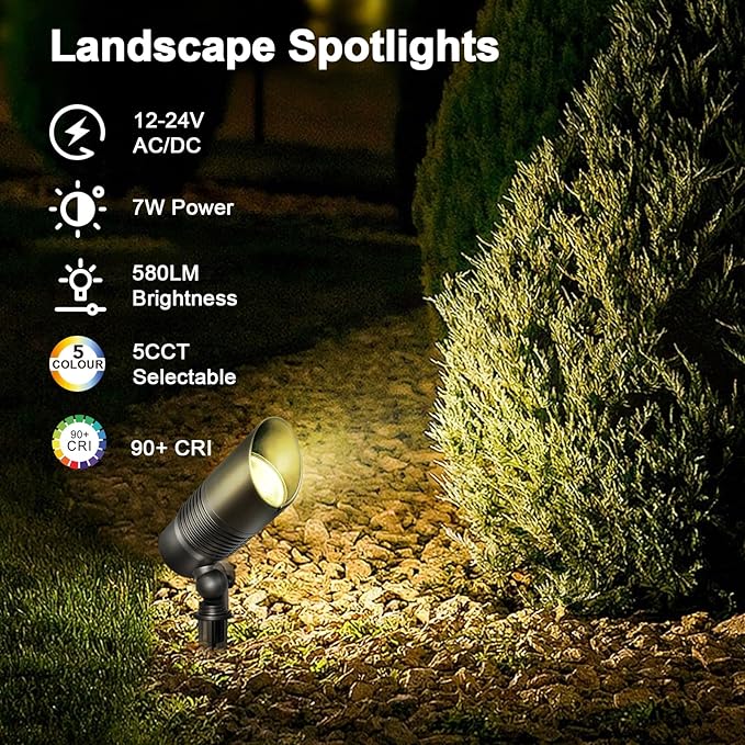 4-Pack Low Voltage Spot Lights, 2700K-5000K Adjustable, 7W, 580LM, IP65 Waterproof, CRI 90+, 12-24V AC/DC, Outdoor Landscape Light for Garden, Yard, Path, Bronze, ETL Listed