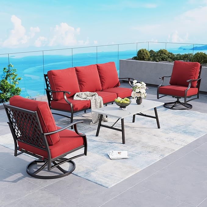 4 Piece Metal Outdoor Patio Furniture Sets, Patio Conversation Sets 1 3-seater Sofa, 2 Swivel Chair with 5.75" Extra Thick Cushion and Coffee Table, Black Frame Backyard Furniture, Red