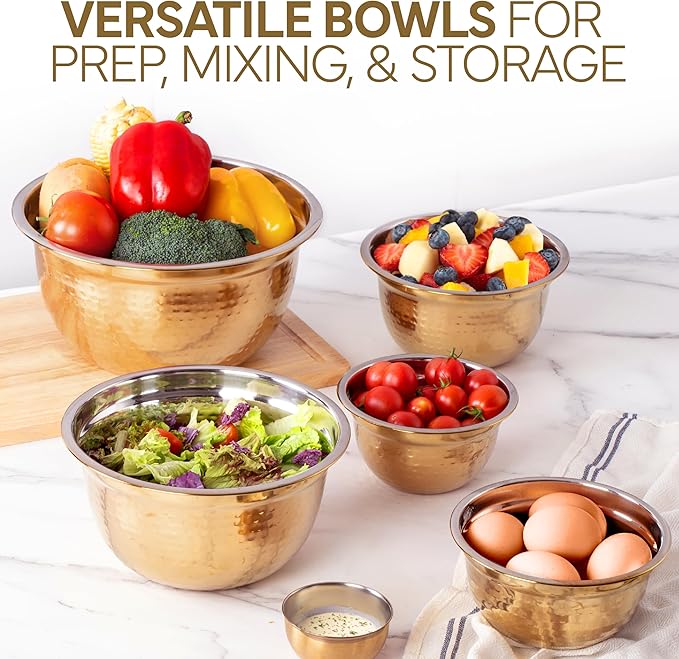 COOK WITH COLOR 18 Piece Mixing Bowls Set with Airtight Lids, Stainless Steel Bowl Organizers, Food Storage Containers, Meal Prep, Nesting Salad Bowls For Cooking, Baking, Kitchen, Gold - Hammered