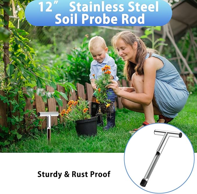 ForoGore 12 Inch Stainless Steel Soil Sampler Probe, T-Style Handle Soil Test Probe, Soil Probe for Soil Sampling, Soil Test Kit for Plant Care, Farm, Lawn Garden
