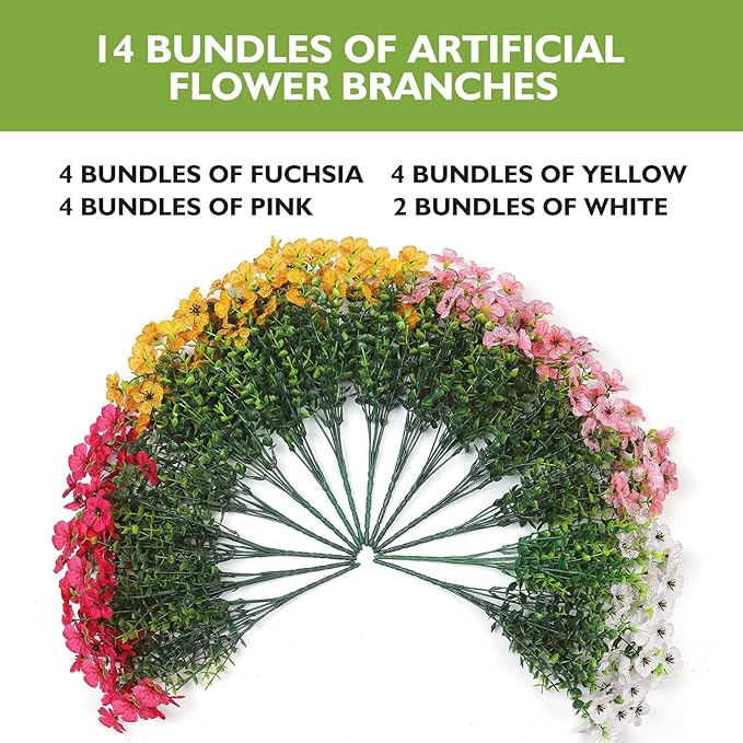 14 Bundles Artificial Flowers UV Resistant for Patio Outdoors Fake Faux Silk Plants Realistic Plastic Flowers Indoors Porch Window Home Decoration (14, Mixed Fuchsia Yellow Pink White)