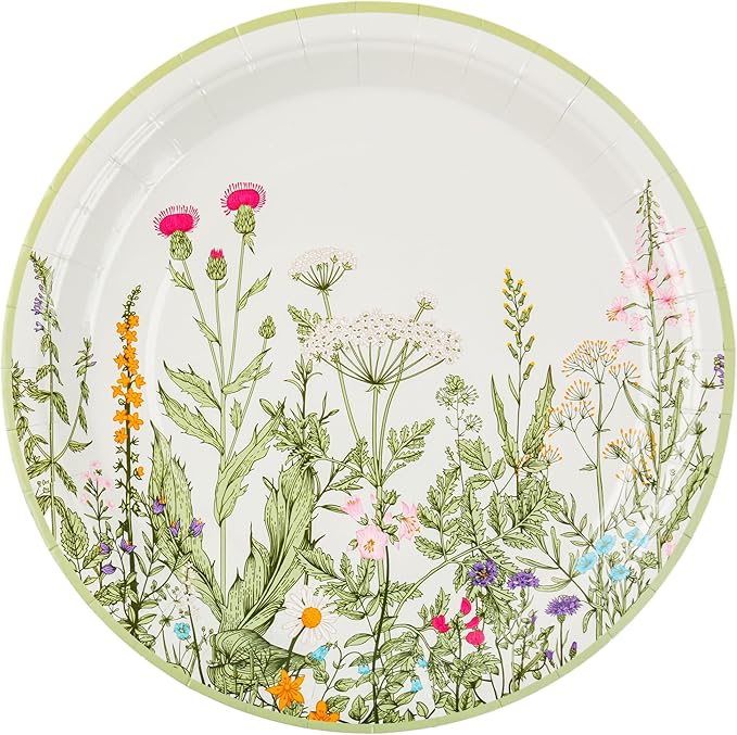 Wildflower Party Plates 9" Floral Paper Plates Botanical Green Leaves Herbs Disposable Party Supplies Spring Summer Vintage Garden Decorative Dinner Plates (48, Vintage Botanical)