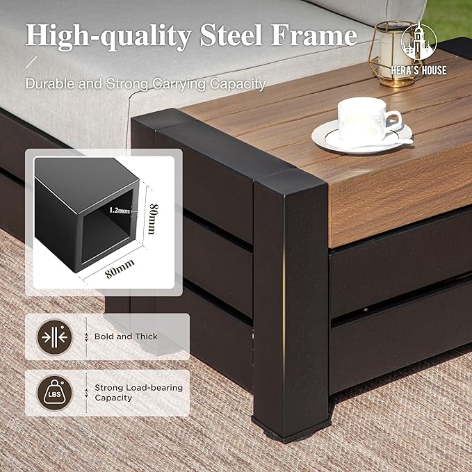 HERA'S HOUSE Patio Furniture Set 6-Piece, All Weather Outdoor Sectional Sofa with Coffee Table & Side Table, 5.9" Thick Waterproof Cushions, Modular Conversation Set for Garden, Deck, Backyard