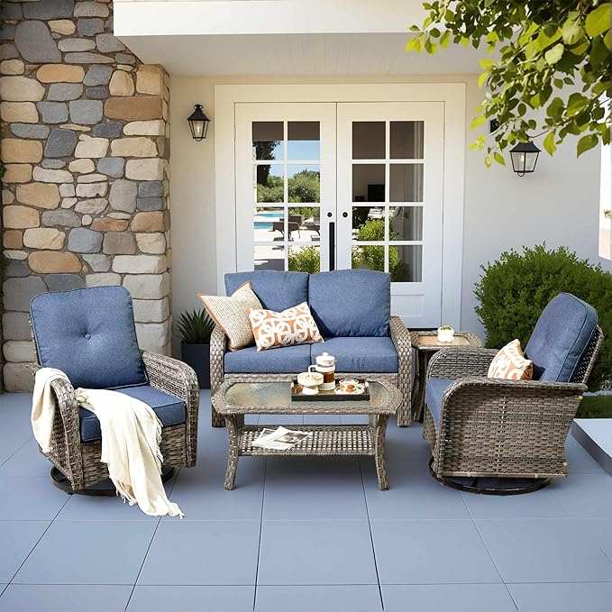 5 Pieces Patio Furniture Set,Outdoor Furniture with Rockers, Rattan Conversation Sets w/Coffee Table, Grey Wicker Blue Cushion