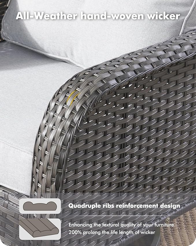 7-Piece Wicker Patio Furniture Set, All-Weather Rattan Conversation Bistro Loveseat Chair and Patio Rockers Set for Backyard, Balcony and Deck with Soft Cushions and Metal Table(Grey)