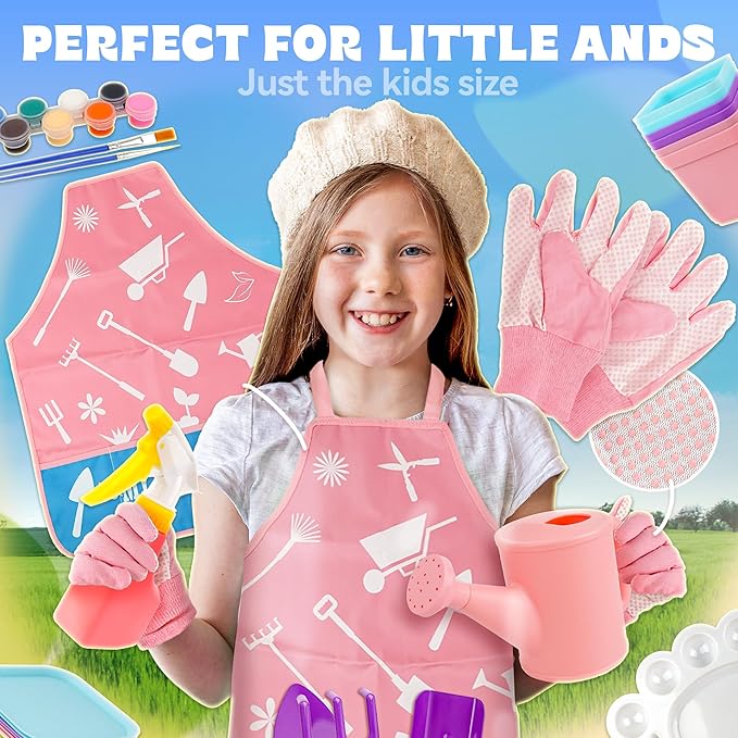 SMILESSKIDDO Kids Gardening Set - Toddler Gardening Set with Shovel Rake Trowel, Apron Tote Bag Watering Can for Kids Gardening Tools - Ideal Kids Gardening Tools Gift for Boys and Girls(Pink)
