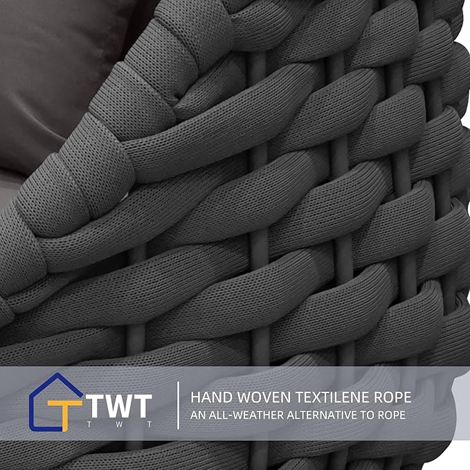 TWT 3 Pieces Aluminum Patio Furniture Set, Hand Woven Textilene Rope Outdoor Sofa Set w/Washable Cushion and Rock Slab Tabletop, Conversation Furniture for Livingroom Poolside Balcony (Dark Grey)