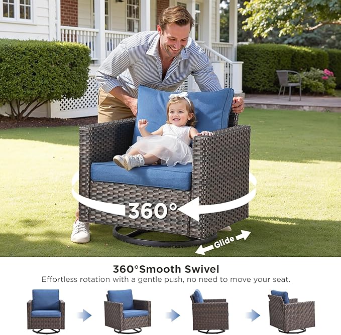 6 Pieces Patio Furniture Set-All Weather Outdoor Swivel Rocker Patio Chairs with 3-Seat Section Couch and Rattan Coffee Table Outdoor Conversation Sets for Garden Backyard Deck(Brown/Blue)