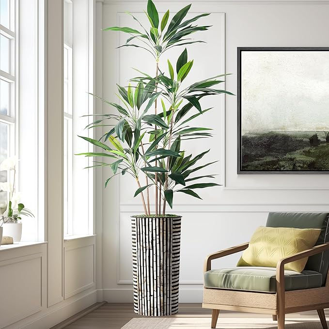 Artificial Tree in Black and Brown Striped Planter, Fake Dracaena Tree Silk Tree for Indoor and Outdoor Home Decoration - 66" Overall Tall (Plant Pot Plus Tree)