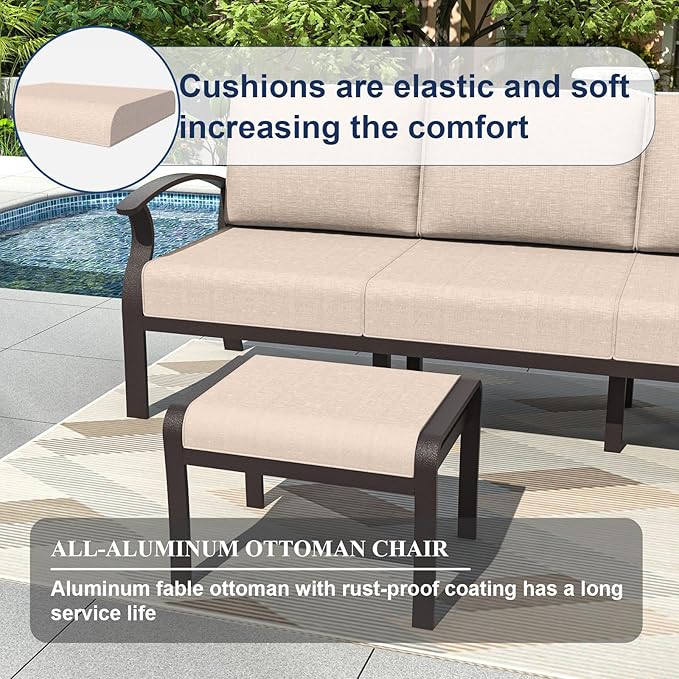 Kurapika Patio Furniture Set 8-Piece Aluminum Sectional Sofa with Armrest, Modern Outdoor Conversation Set, Metal Corner Sofa with Ottoman, Sand