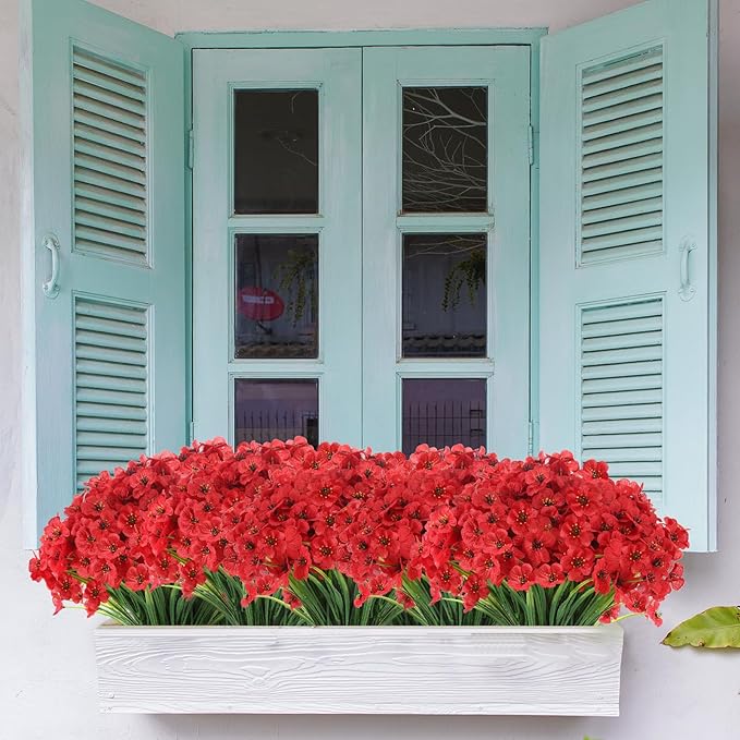 22 Bunches of Outdoor Artificial Flowers, UV Resistant Fake Flowers Artificial Silk Flowers with Plastic Plants for Indoor Outdoor Front Porch Hanging Planter Decoration (22, Red)
