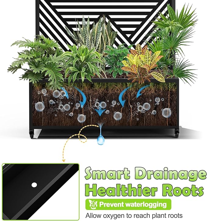 15.7"×70.9"×35.4" Metal Raised Garden Bed with Trellis and Wheels - Tall Trellis Planter Box for Climbing Plants, Vegetables & Vines - Outdoor Privacy Planters for Patio (Black-Zodiac)