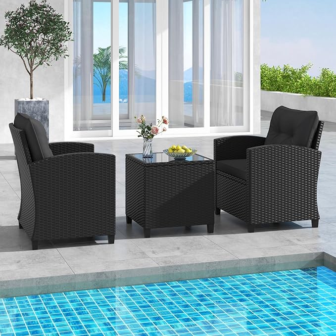 HAPPYGRILL 3 Pieces Wicker Patio Conversation Set, PE Rattan Bistro Sofa Set with Tempered Glass Coffee Table, Washable Cushions, Outdoor Furniture Set for Garden Poolside Balcony (Black)