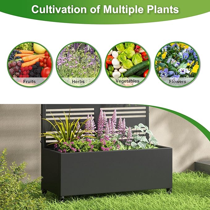 Casaphoria Metal Raised Garden Bed with Trellis and Wheels, 72"x35"x16" Planter Box for Climbing Plants, Vegetables & Vines, Features Drainage Holes and Privacy Screen (Black-Harold)