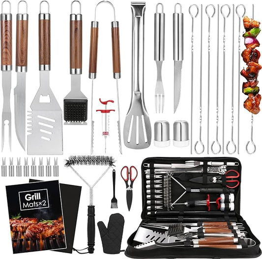 Yoehka BBQ Grilling Accessories Set, 34Pcs Heavy Duty Grill Tools for Outdoor Camping, Grilling Gifts for Men Dad, Stainless Steel Barbecue Utensils Kit with Mats and Glove in Carrying Bag, Brown