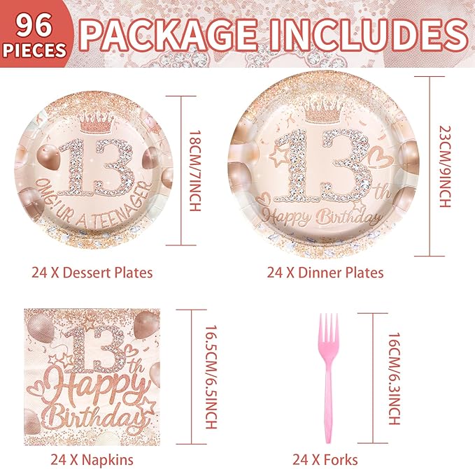 96 Pcs Rose Gold 13th Birthday Party Supplies 13th Birthday Plates and Napkins Tableware Sets Happy 13th Birthday Decorations Favors for Girls 13 Year Old Birthday Official Teenager Party Serves 24