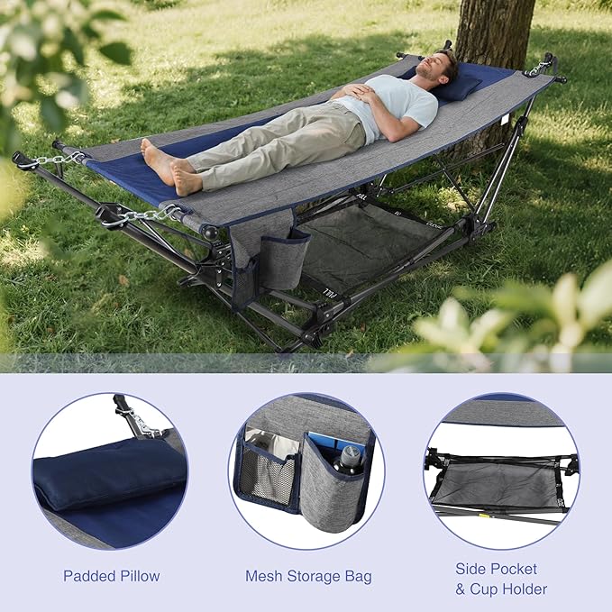 RedSwing Portable Folding Hammock with Stand,Foldable Camping Hammock with Removable Pillow,Storage Net,Foldable Lounge Camping Bed for Adults for Outdoor,Backyard,Beach,Garden,Lawn