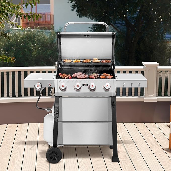 4+1 Burner Gas Grill, All Stainless Steel Outdoor BBQ Grill with Enameled Coated Chamber Body, 48,000 BTU Garden Barbecue Grill with Porcelain-Enameled Cast lron Grates, Grill Cover Included