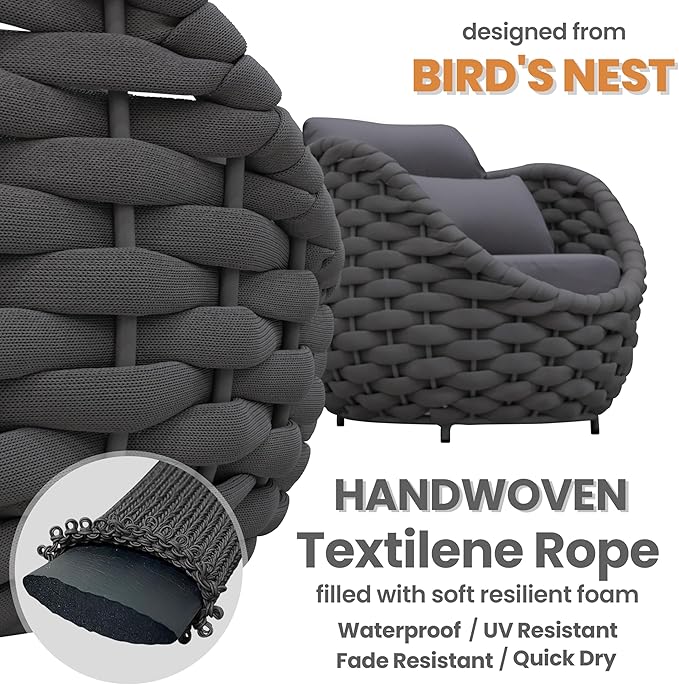 2 PCS Front Porch Accent Chair: Aluminum Woven Rope Armchair Assembled - Cushioned Patio Single Chair w/Arms Modern - All Weather Balcony Furniture for 400lbs Outdoor Yard Deck Hotel, Dark Gray