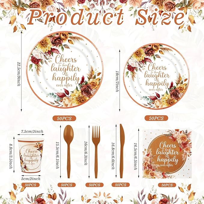 350 Pcs Boho Fall Wedding Bridal Shower Paper Plate Autumn Vintage Rose Pampas Grass Disposable Tableware Set With Knives Fork Cheers to Love Bachelorette Party Favor for 50 Guest