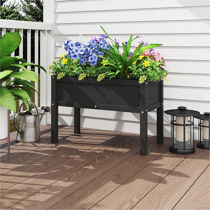 Small HDPE Raised Garden Bed, Elevated Planter Box with Legs, Outdoor All-Weather Planter Raised Beds for Seeds, Herb, Flower, Vegetable (Black)