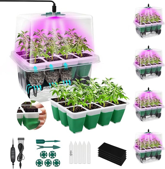 MQUPIN Self Watering Seed Starter Tray with Grow Light,5 Pack/60 Cells Seed Starter Kit with Timing,Humidity Domes,Thicken Tray, Heightened Lids for Greenhouse Seeds Growing Starting