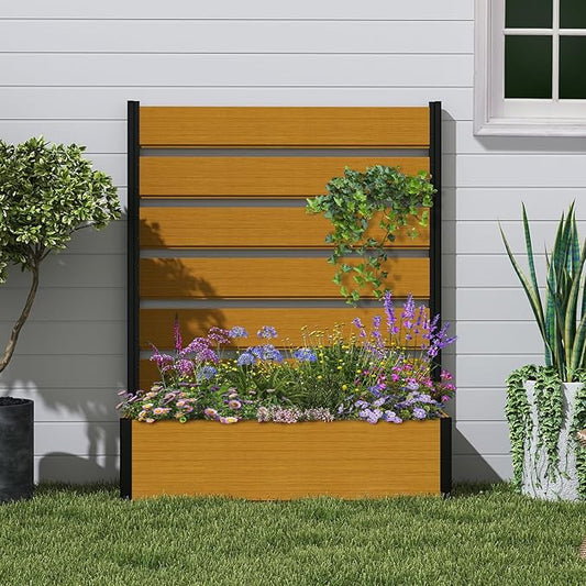 Vertical Screen Planter Bed - Raised Garden Box with Trellis for Climbing Plants, Durable Privacy Fence Planter for Outdoor, Patio, Deck Aluminum Frame, Yellow Teak with Base