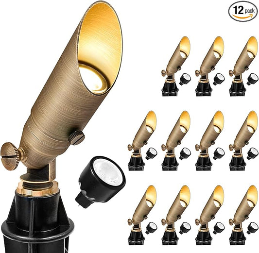 GKOLED Low Voltage Solid Brass LED Spotlight, Outdoor Waterproof Landscape Lighting with MR8 Bulb, Adjustable Uplights with Stake for House Garden Trees Lawn Patio Yard Fence, 3W 12V 180LM 2700K