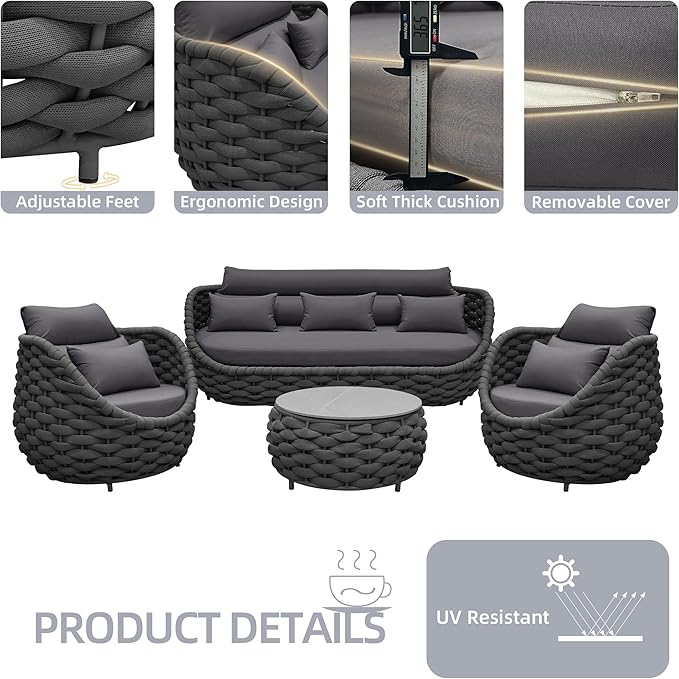 Outdoor Patio Furniture Set-5 Pieces Aluminum Sectional Sofa, Metal Patio Conversation Set with Threeseat & Armchair, Textile Rope and Coffee Table, Dark Grey