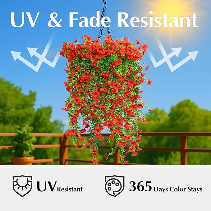 8PCS Artificial Flowers for Outdoors,Hanging Outdoor Faux Plants,UV Resistant Fake Flowers for Outdoor Planters,Realistic Fake Plants Spring Decor for Porch,Patio,Yard (Red)