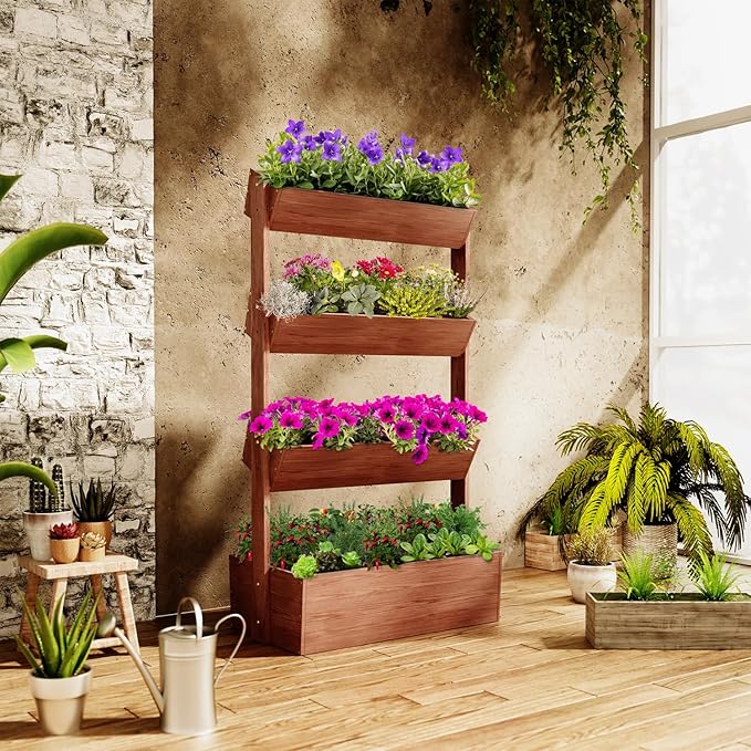 SUNYRISY 4 Tiers Vertical Wooden Raised Garden Bed Outdoor, Freestanding Garden Planter Box Stand for Planting Herbs Flowers Vegetables Outdoor Gardening