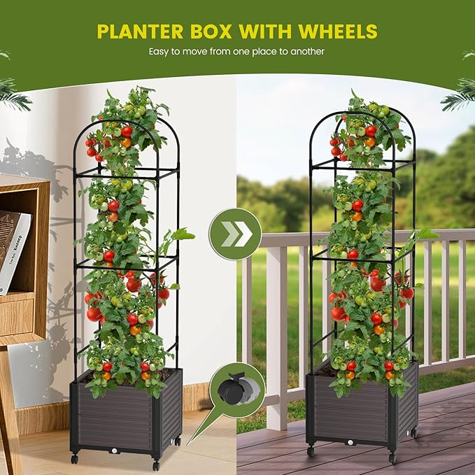 Raised Garden Bed Planter Box with Trellis, 61'' Tomato Planters for Climbing Plants Vegetable Vine Flowers Outdoor Patio Tomato Cage, Self Watering Planter with Wheels