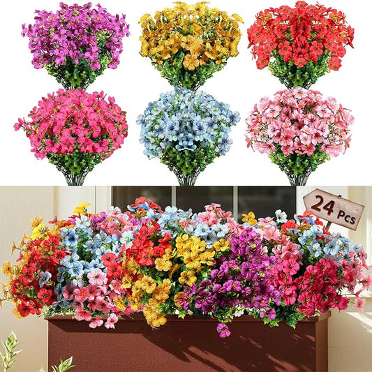 24 Bundles Realistic Artificial Flowers for Outdoors, Fake Flowers UV Resistant, Faux Plants Greenery Beautify Outdoor Hanging Planters Porch Patio Yard Garden Wedding Farmhouse Home Decor