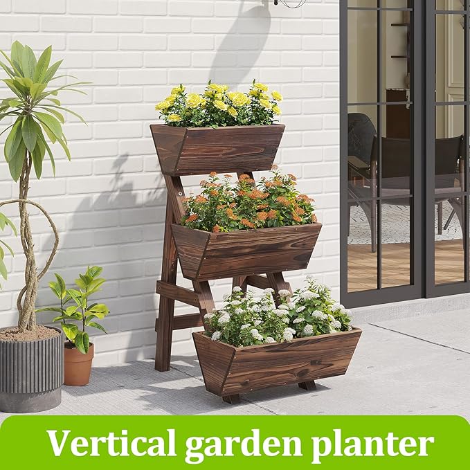 3-Tiers Wooden Raised Garden Bed Tiered Planter Box Vertical Garden Planter Wood Plant Stand for Patio, Balcony, Freestanding (Carbonized S)