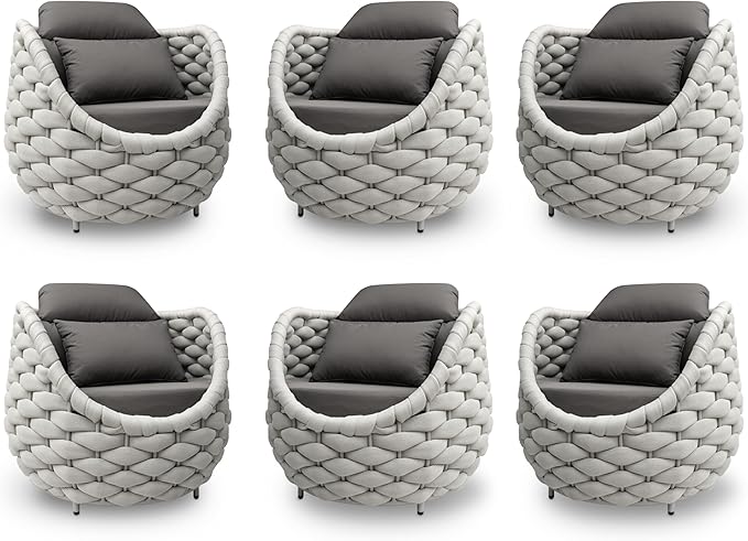 6 PCS Porch Furniture Chair: Patio Accent Chair Aluminum - Woven Rope Cushioned Armchair Assembled - Modern Lounge Single Chair - All Weather 400lbs for Deck Balcony Yard Garden Hotel Poolside