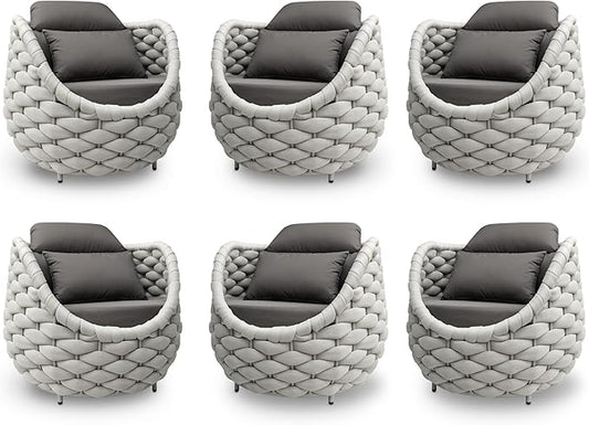 6 PCS Porch Furniture Chair: Patio Accent Chair Aluminum - Woven Rope Cushioned Armchair Assembled - Modern Lounge Single Chair - All Weather 400lbs for Deck Balcony Yard Garden Hotel Poolside